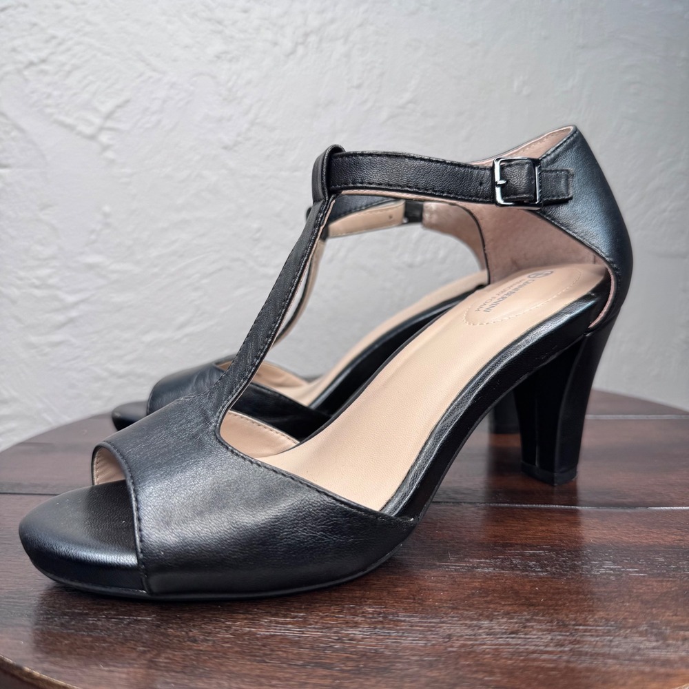 Giani Bernini Women's Sz 5.5 Claraa Black Leather T-strap Dress Sandals Heels